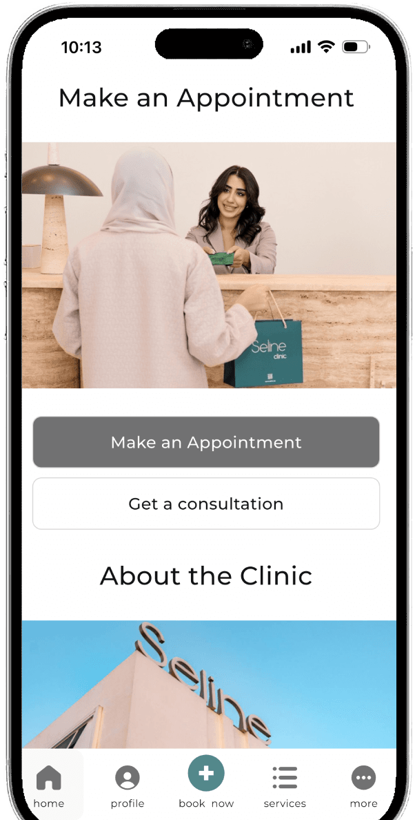 Seline Clinic mobile app on a smartphone